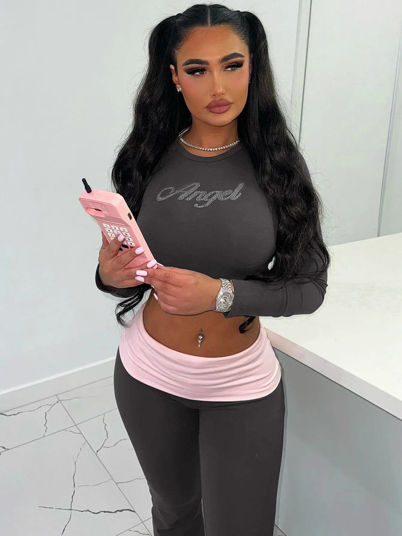 Women's Sexy Casual Two Piece Pants Set with Long Sleeve Letter Print Crop Top and Flare Pants for Streetwear Fashion