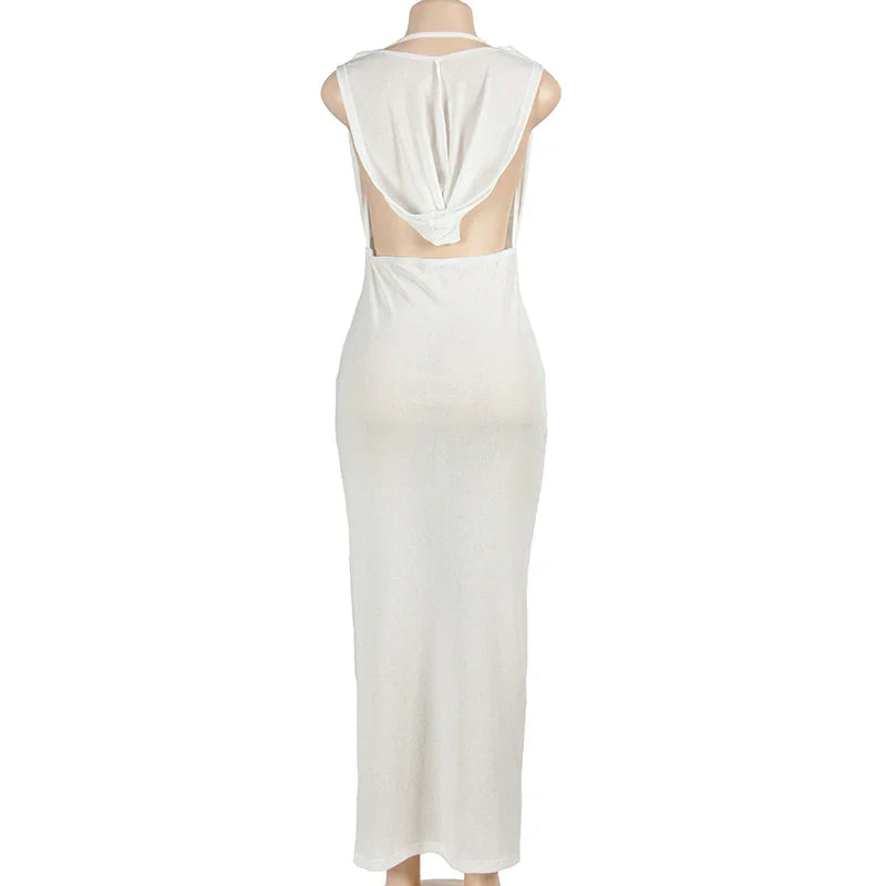 Sleeveless Hooded Dress Slimming Swing Neck Solid Color Long