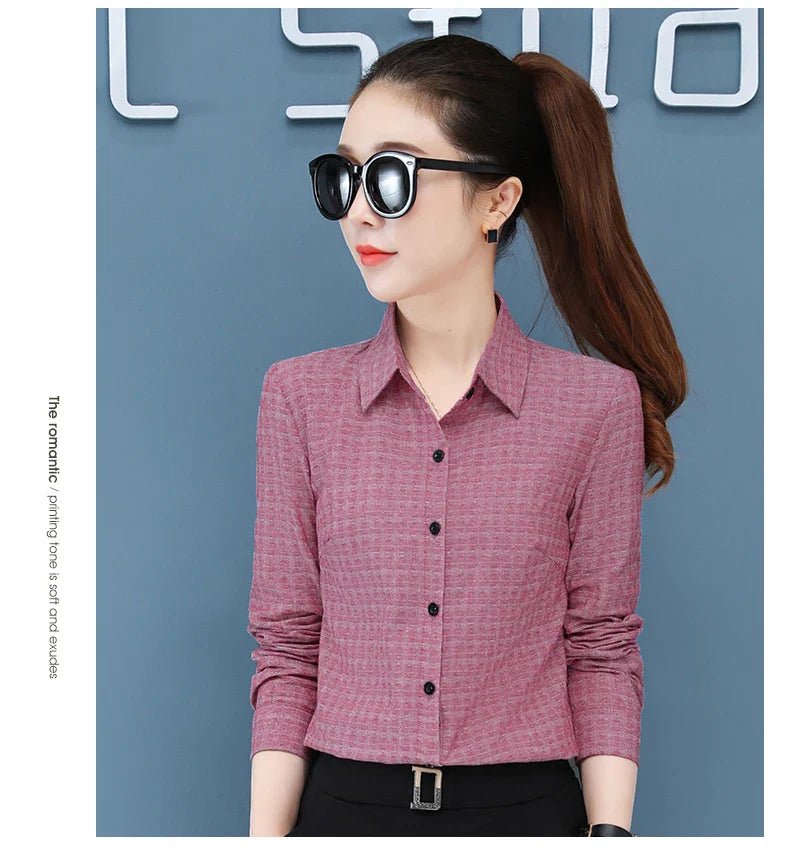 Women's Long Sleeve Slimming Cotton Shirt with Flip Collar Casual Versatile Top for Spring and Autumn Fashion