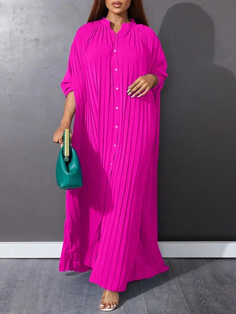 Plus Size Pleated Long Sleeve Dress For Autumn And Winter