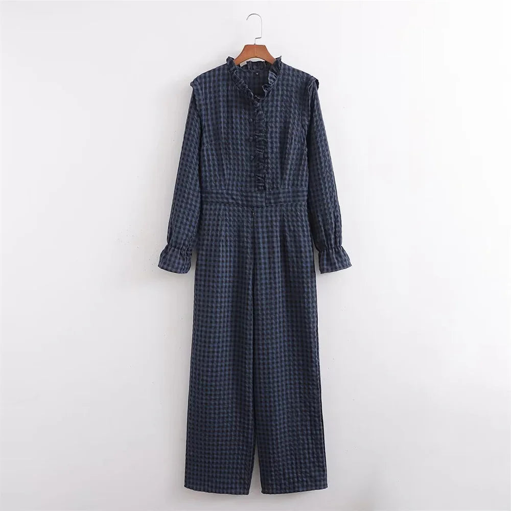 Women's Slim Fit Plaid Jumpsuit with Lace Collar Long Sleeves Casual Elegant Office Wear