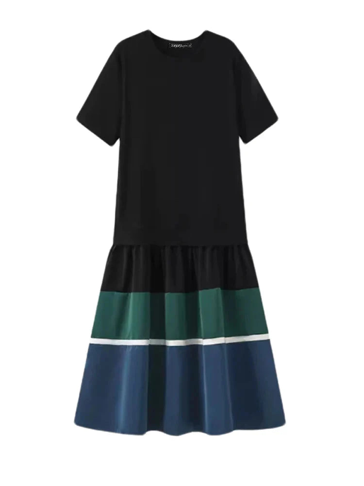 Summer O Neck Sundress With Contrast Patchwork Short Sleeve