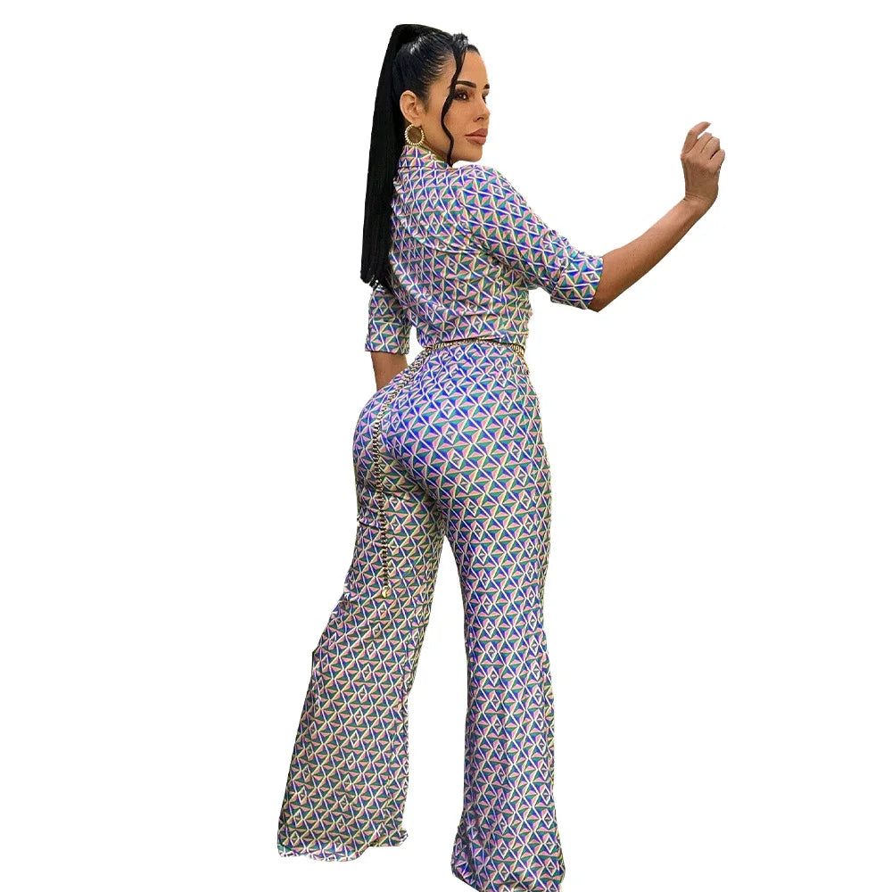 Elegant Chic Printed Women One Piece Slim Fit V Neck Long Sleeve Wrap Waist Jumpsuit Office Fashion Outfit