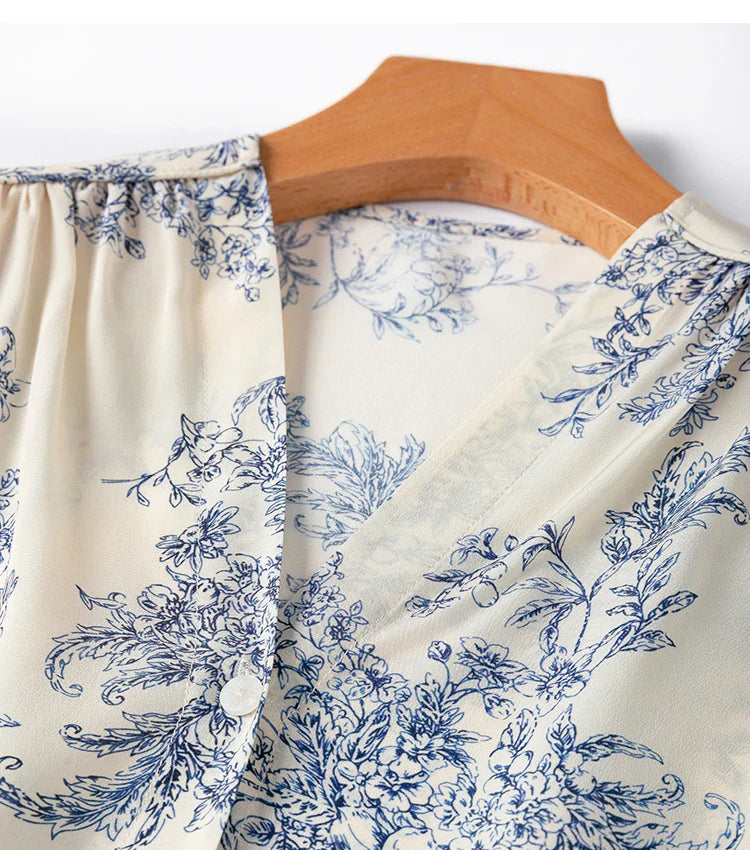 Women 100 Percent Mulberry Crepe Silk Shirt White Floral Button Down Long Sleeve Blouse Elegant Office Top M L XL