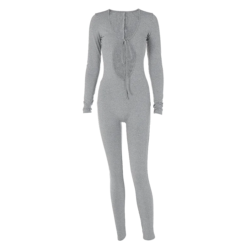 Solid V Neck Long Sleeve Hollow Out Lace Up Sexy Bodycon Jumpsuit Women's Fashion Streetwear Sporty Romper Overalls for Fall