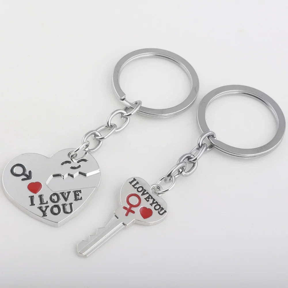 Metal Couple Heart Keychain Zinc Alloy Silvery Plated Creative Key Ring Lovers Gift
