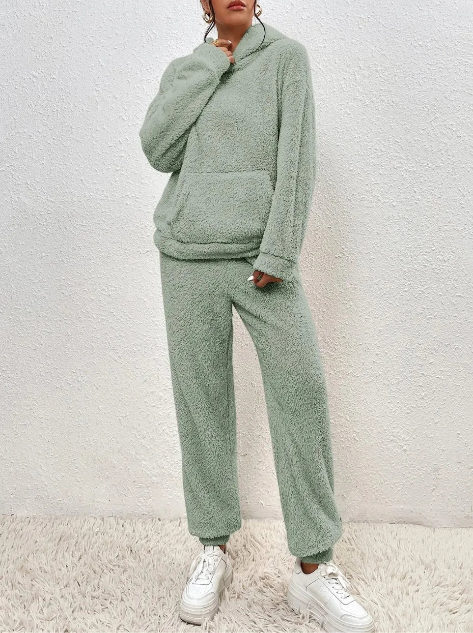 Autumn Winter Women Casual Hooded Sweatshirt and Plush Leg Pants 2 Piece Set Warm Furry Outfit