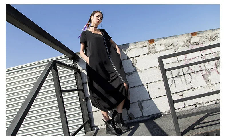 Black Zipper Dress For Women Elegant Casual Long Dress