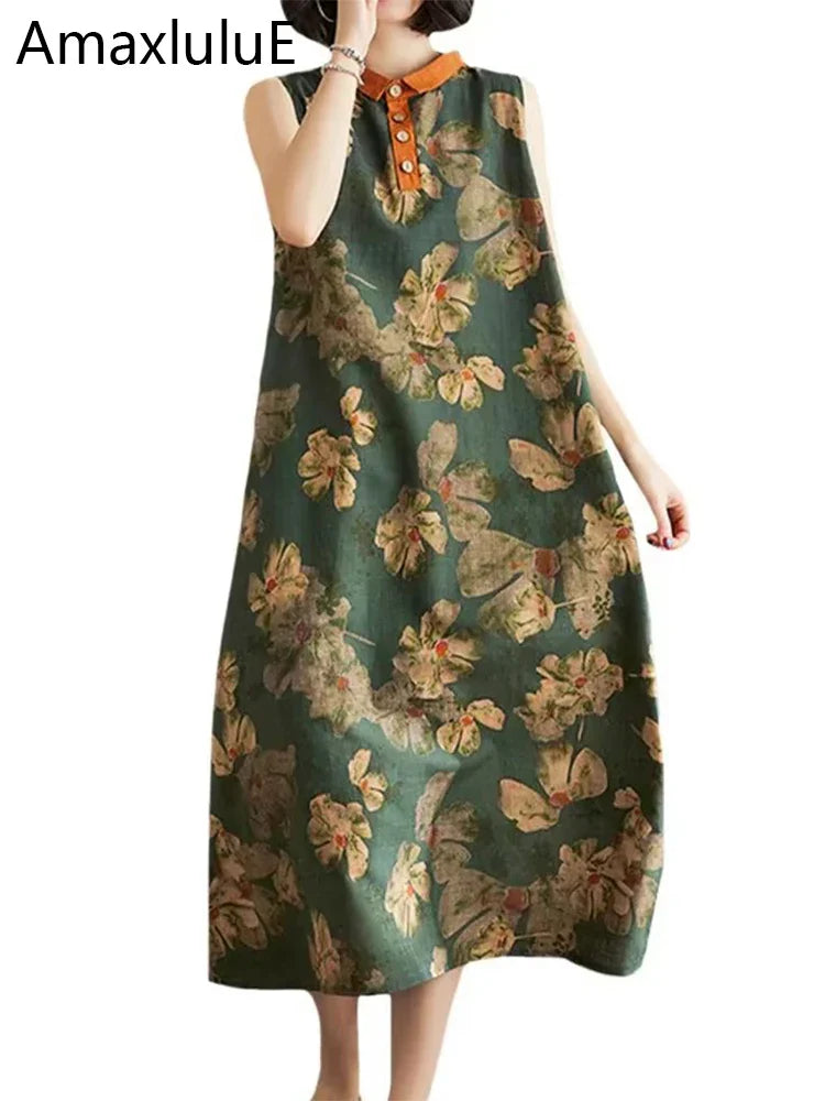 Printed Linen Sleeveless Dress for Women Summer Casual