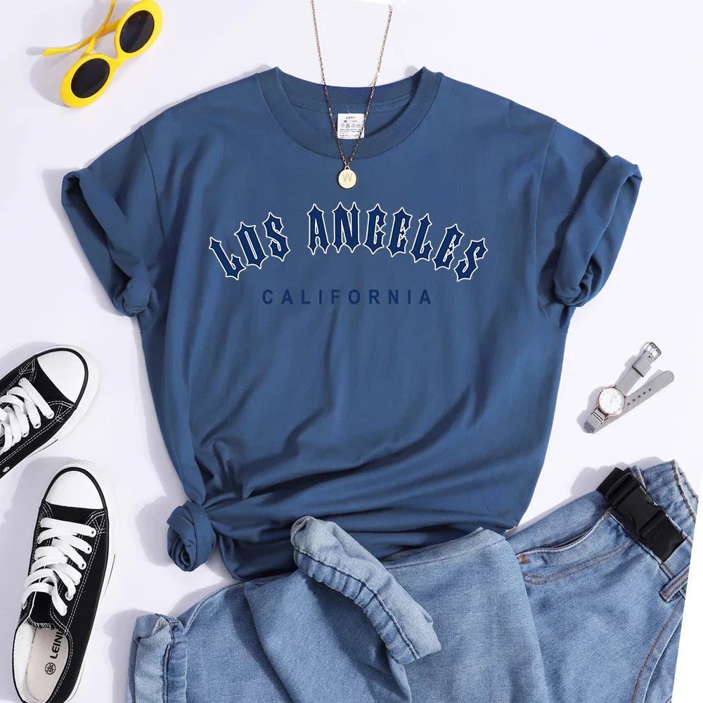Los Angeles Letter Print Women's Casual T-Shirt Short Sleeve Crewneck Summer Style