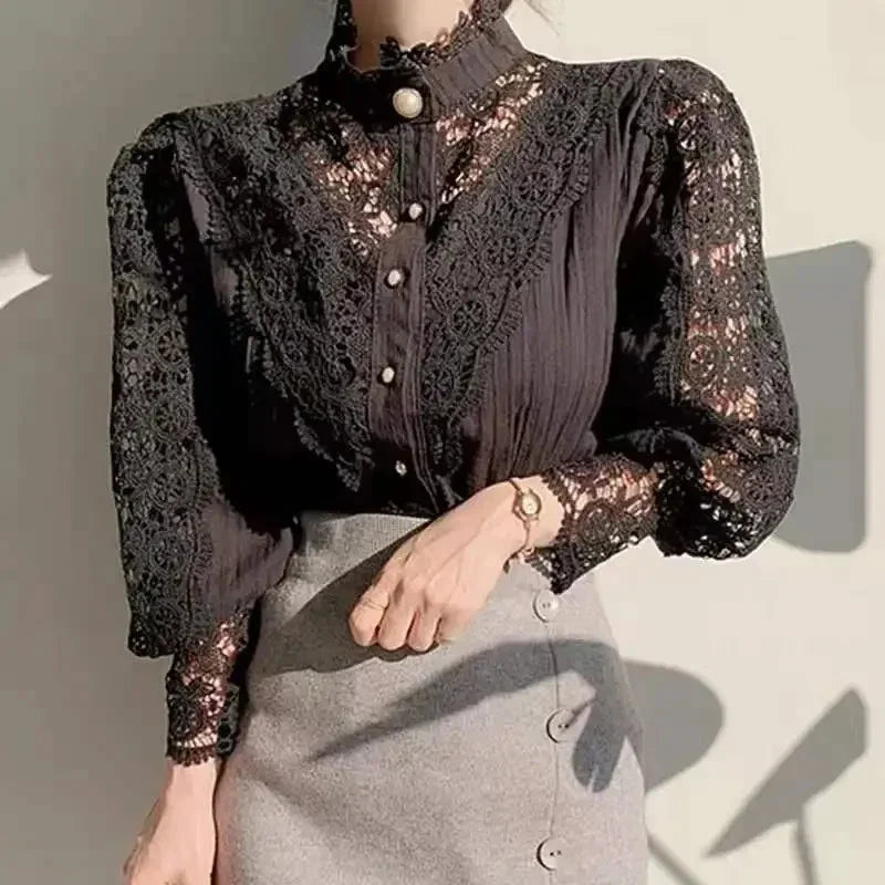 Women's Lace Petal Sleeve Blouse with Stand Collar Hollow Out Floral Patchwork Top Elegant Lightweight Shirt