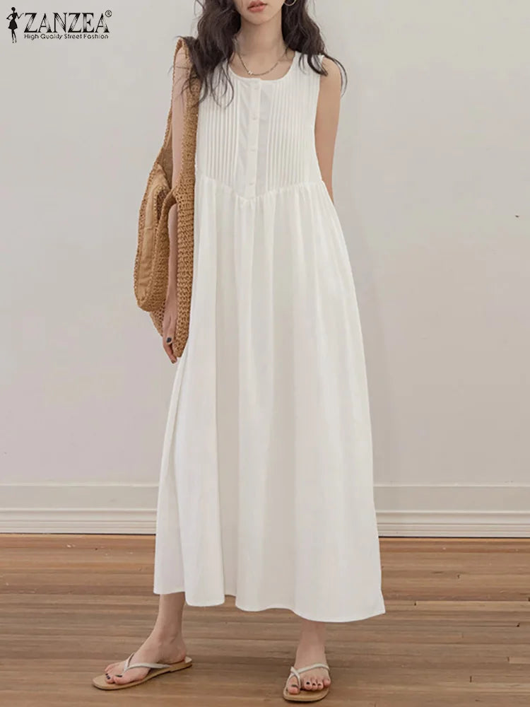 Sleeveless Pleated Long Sundress For Summer Beach Casual