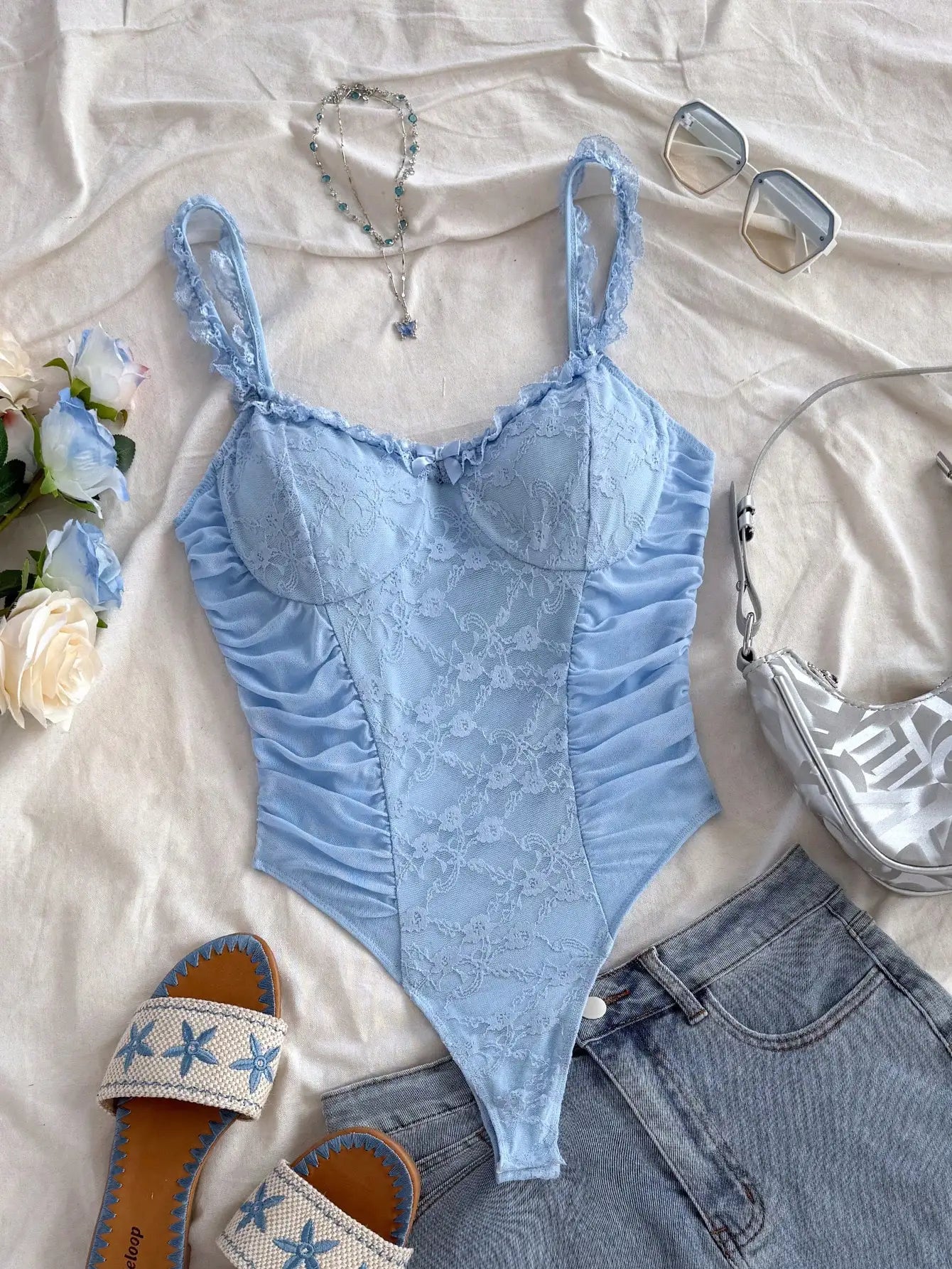 Romantic Lace Knit Sling Jumpsuit with Wooden Ear Edge Casual Vintage Holiday Dress for Women