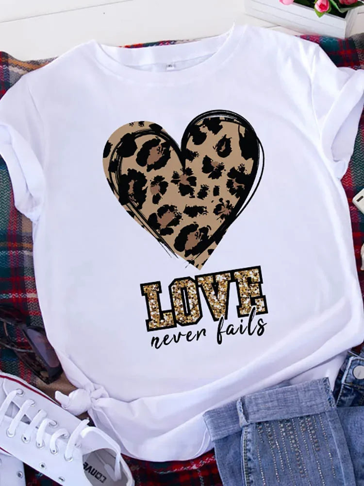 Graphic Printed T Shirt for Women with Leopard Love Design and Heart Print Short Sleeve Tee