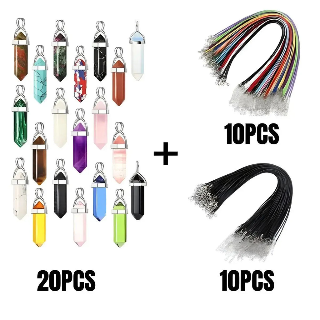 40PCS Hexagonal Chakra Crystal Pendant Necklace Set with Pointed Quartz Stones and Leather Chain Storage Bag