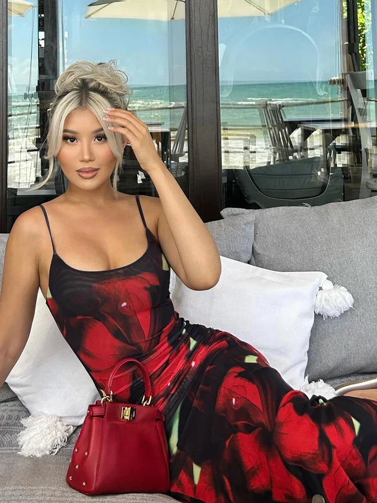 Floral Print Sexy Sleeveless Maxi Dress for Party Vacation