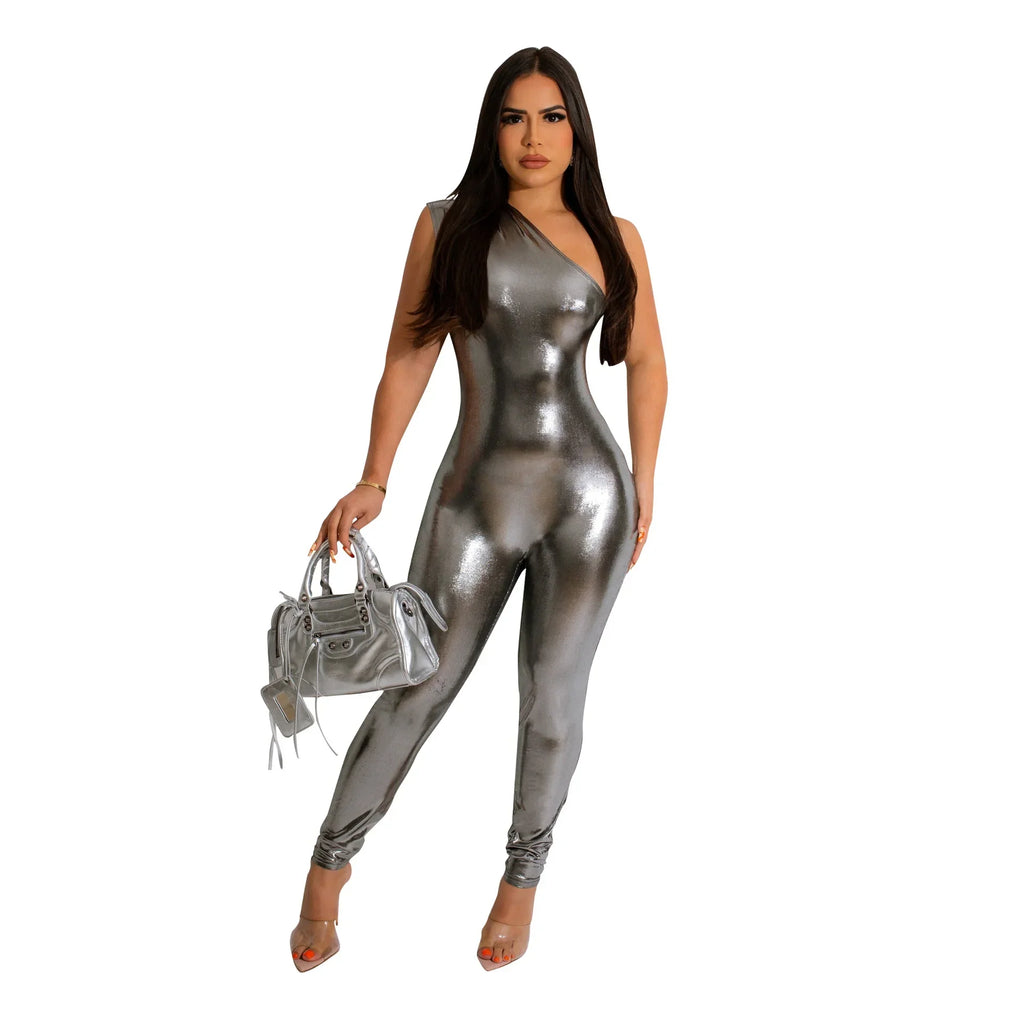 Elegant Shiny Metallic One Shoulder Sleeveless Jumpsuit Romper for Women Party Night Club Outfit