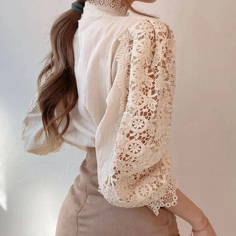 Women's Spring Summer Hollow Out Lace Blouse with Chic Button Detail Vintage Stand Collar Long Puff Sleeve Top