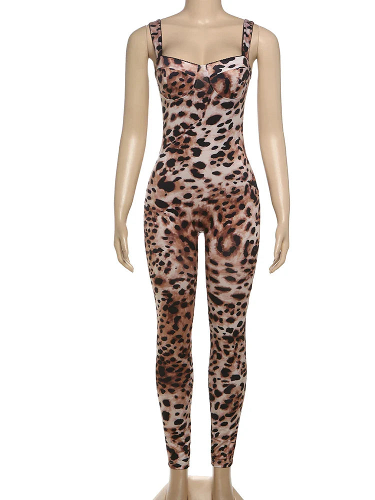 Weird Puss Sexy Sleeveless Leopard Print Jumpsuit for Women Stretch Fit Streetwear Workout Overalls