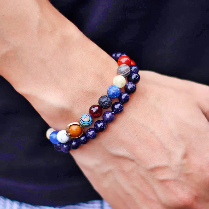 Unique Eight Planets Chakra Bracelet for Men and Women with Natural Volcanic Rock and Lapis Lazuli Beads