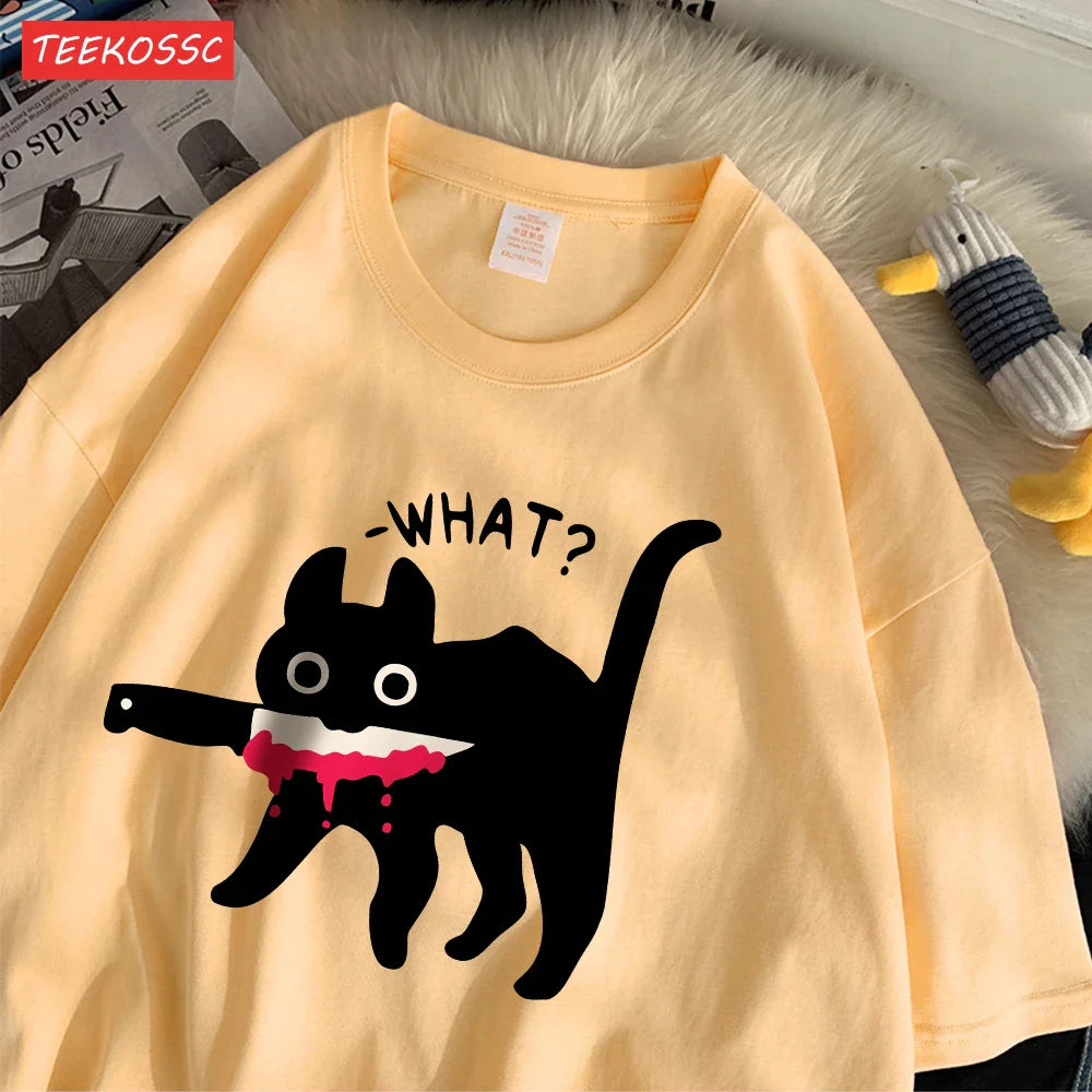 Summer Cotton Women's T-Shirts with Black Cat Print Casual Oversize O-Neck Streetwear for Daily Life and Dating