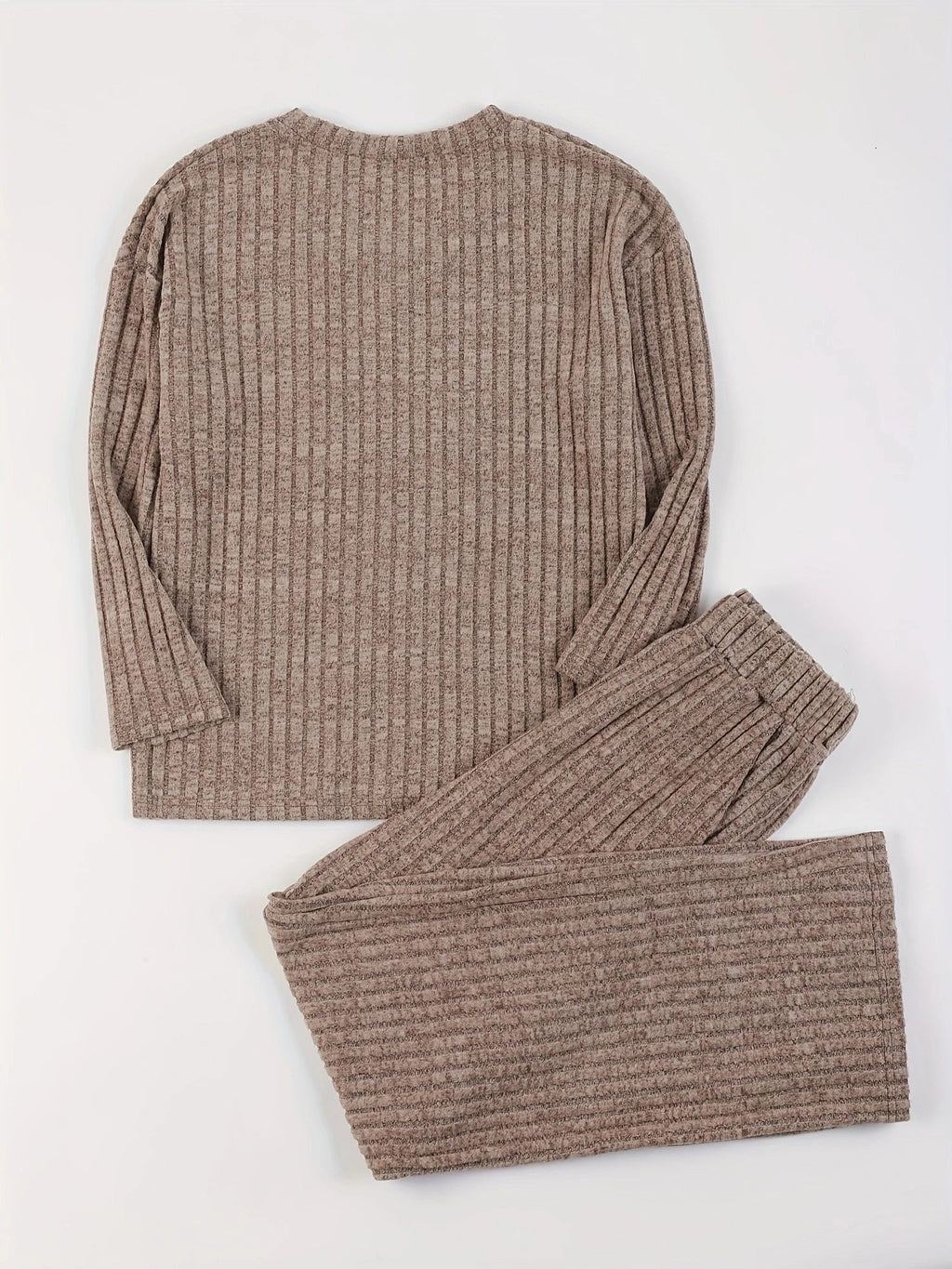 Autumn Winter Loose Casual V Neck Striped Knitted Two-Piece Set with Long Sleeve Top and Straight Tube Pants