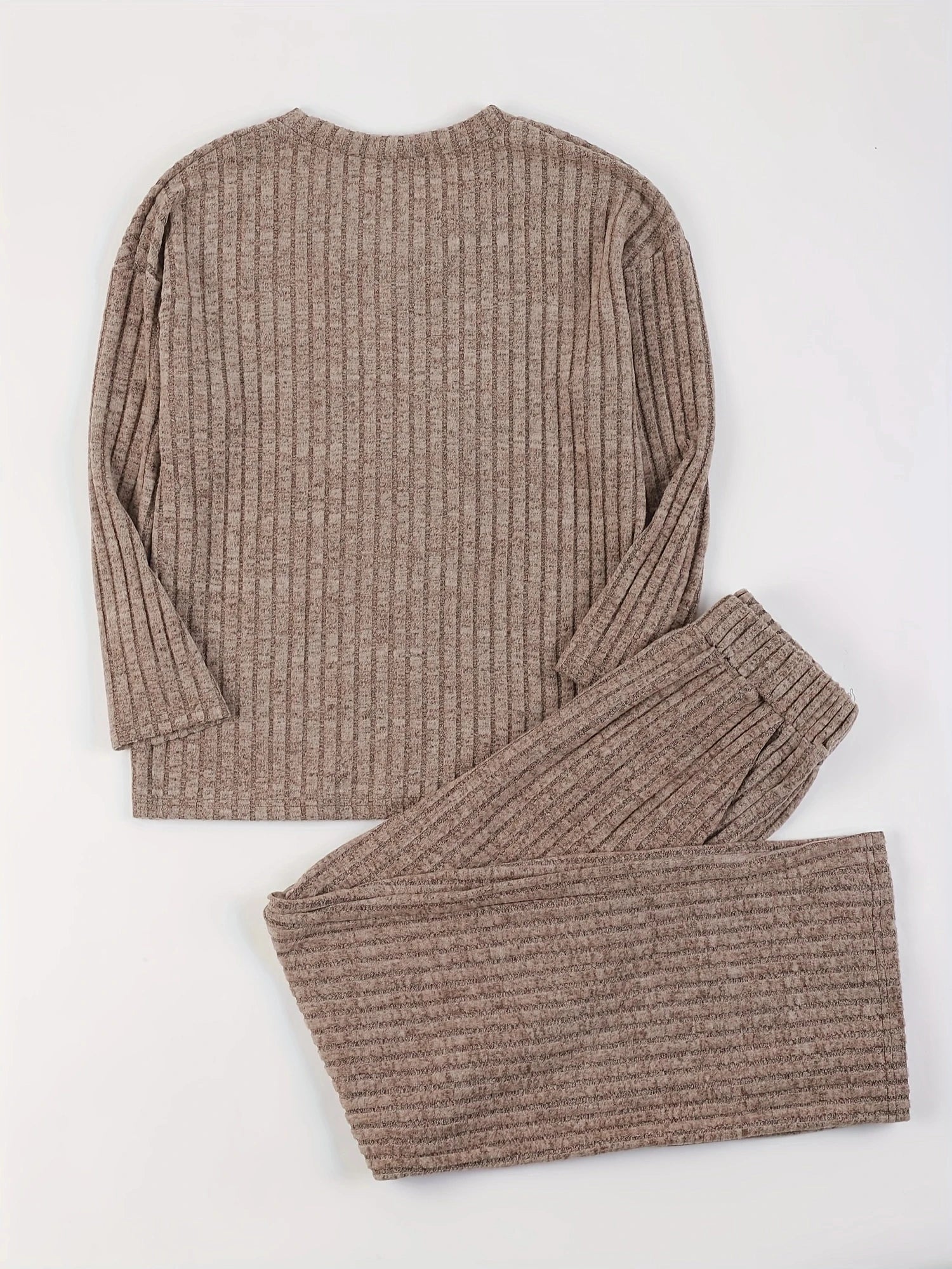 Autumn Winter Loose Casual V Neck Striped Knitted Two-Piece Set with Long Sleeve Top and Straight Tube Pants