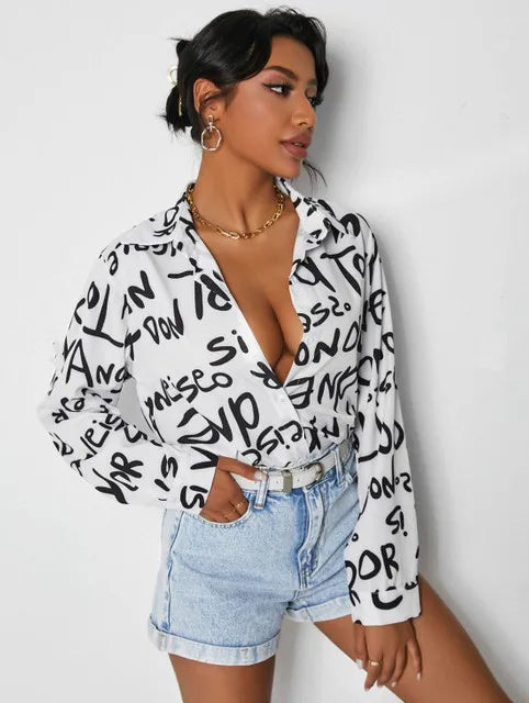 Women's Casual Letter Print Button Front Shirt Long Sleeve Lightweight Top for Spring and Fall