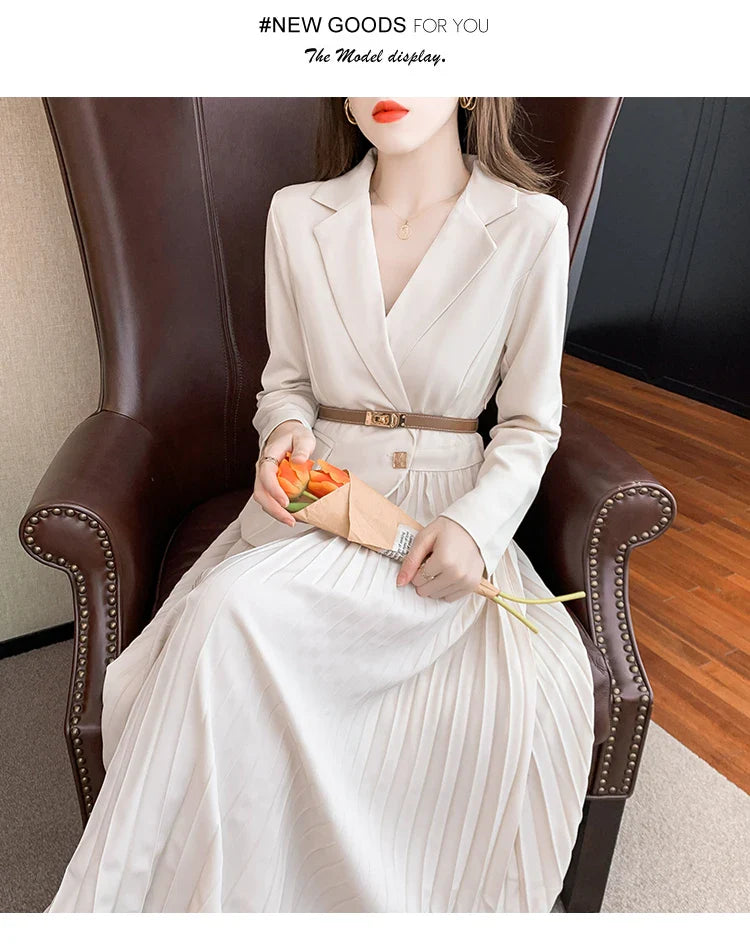 Faux Two Piece Dress With Blazer Collar Pleated Skirt