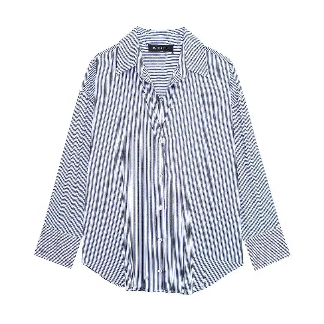 Women's Vintage Long Sleeve Blouse Oversized Striped V Neck Office Shirt Elegant Textured Top