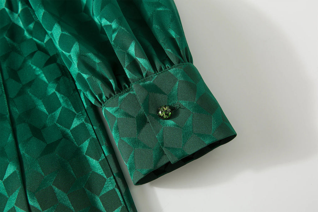 Elegant Green Pleated Long Sleeve Dress With Bow Collar