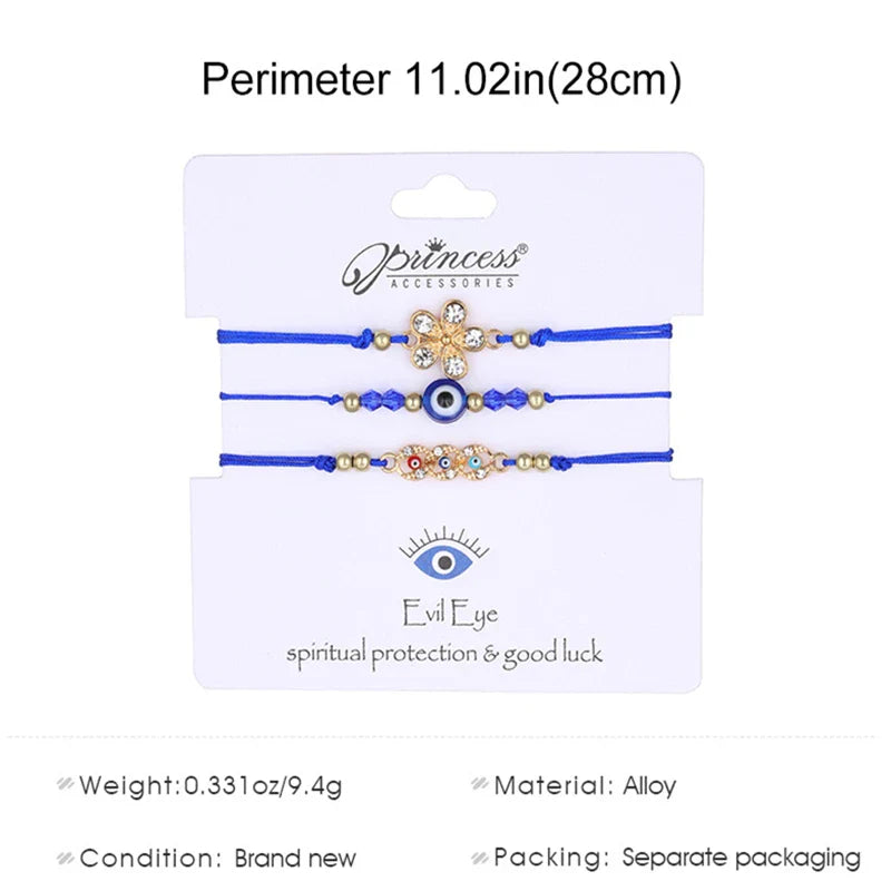 3 Pieces Lucky Turkish Blue Evil Eye Bracelets with Fatima Hand Hamsa and Butterfly Charm Handmade Jewelry