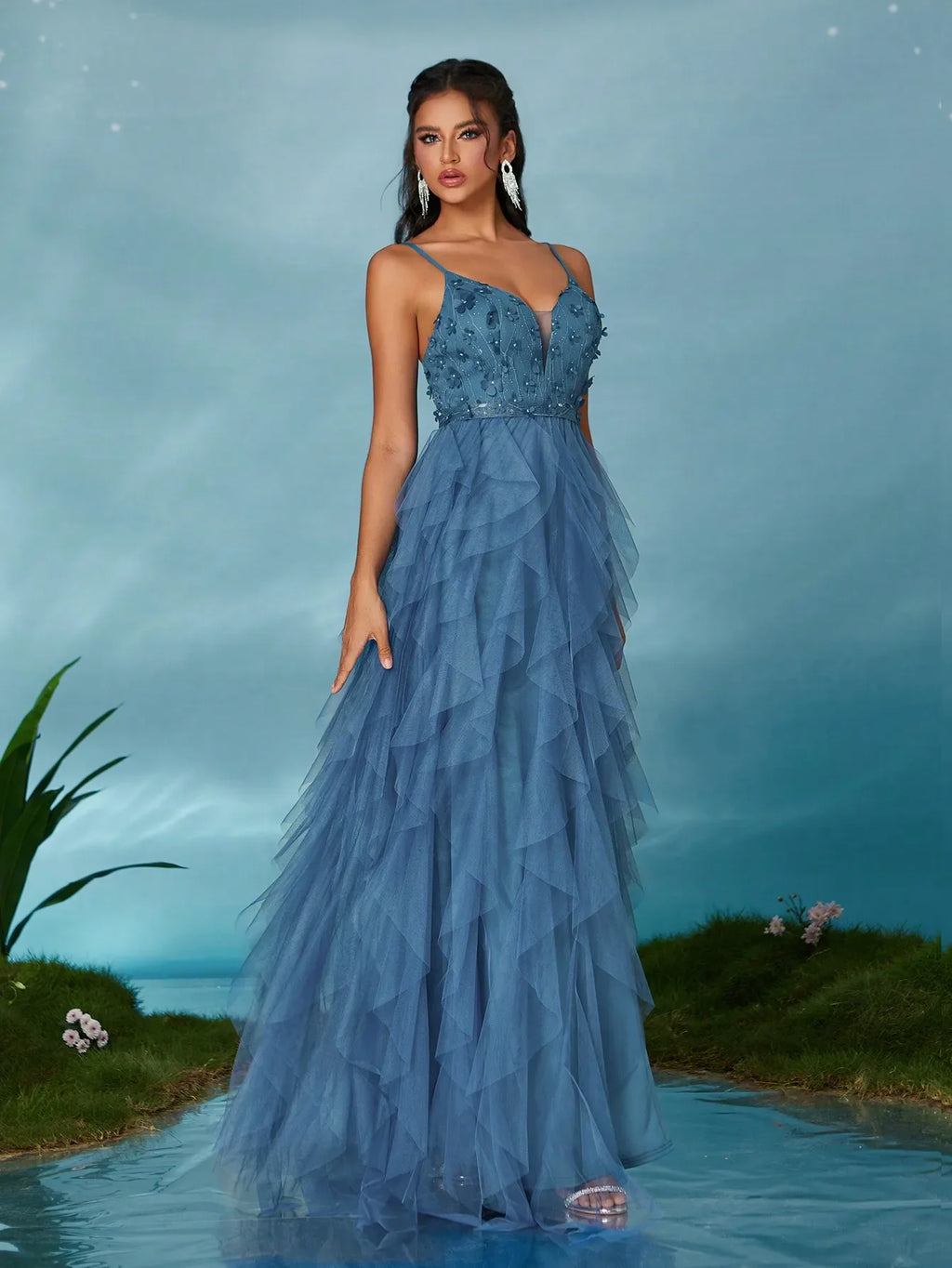 V Neck Embroidered Mesh Lotus Skirt With Wide Slit Design