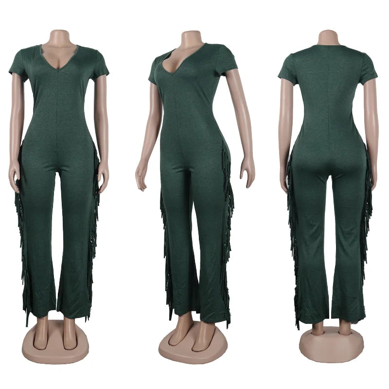 Women's Side Fringe Tassel Jumpsuit V-Neck Short Sleeve Skinny Flare Pants Romper Monos Largos