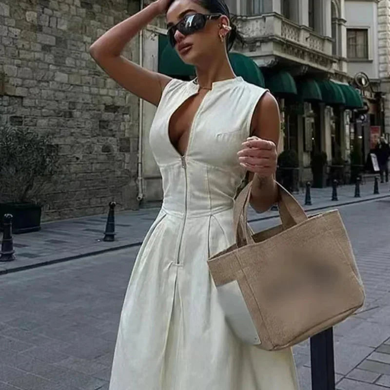 Sleeveless Pleated Maxi Dress With Zip Front And High Waist