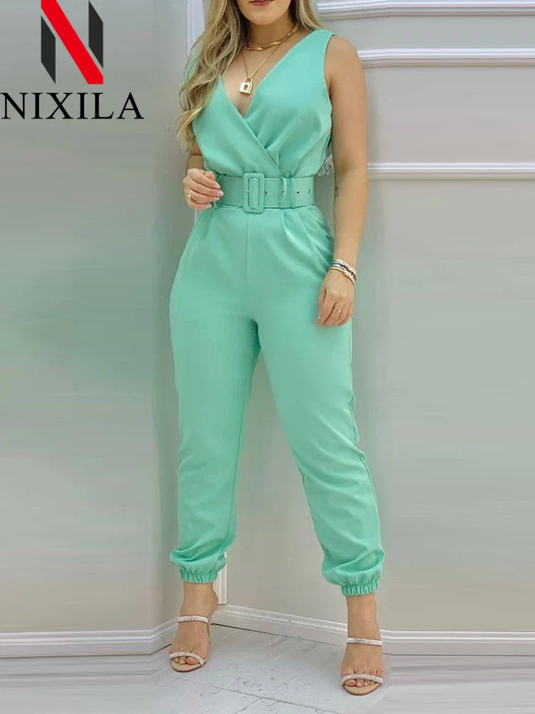 Summer V-Neck Backless Printed High Waist Jumpsuit for Women Sexy Bodysuit Overalls Streetwear Elegant Fit