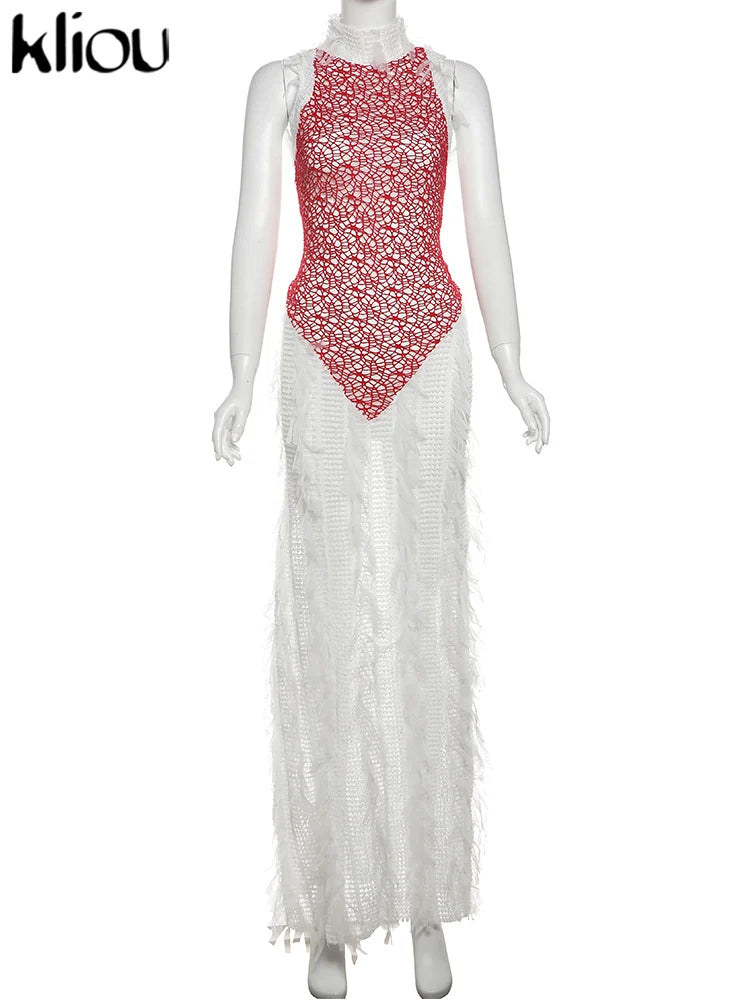 Backless Crochet Maxi Dress With Stand Collar And Pleats
