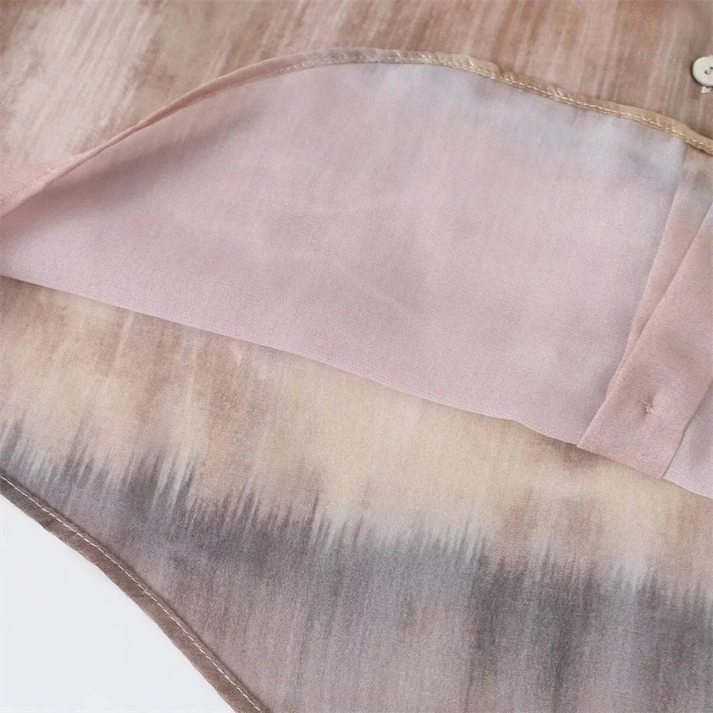 Casual Women's Long Sleeve Collar Shirt with Metal Foil Tie Dye Print Slimming Fashion Top