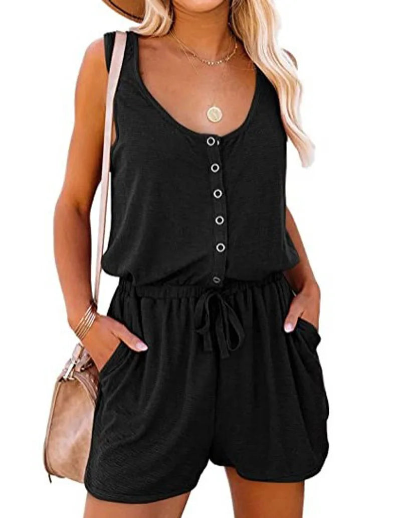 Sleeveless Summer Jumpsuit for Women with Waist Tie Casual Loose Fit Wide Leg Shorts