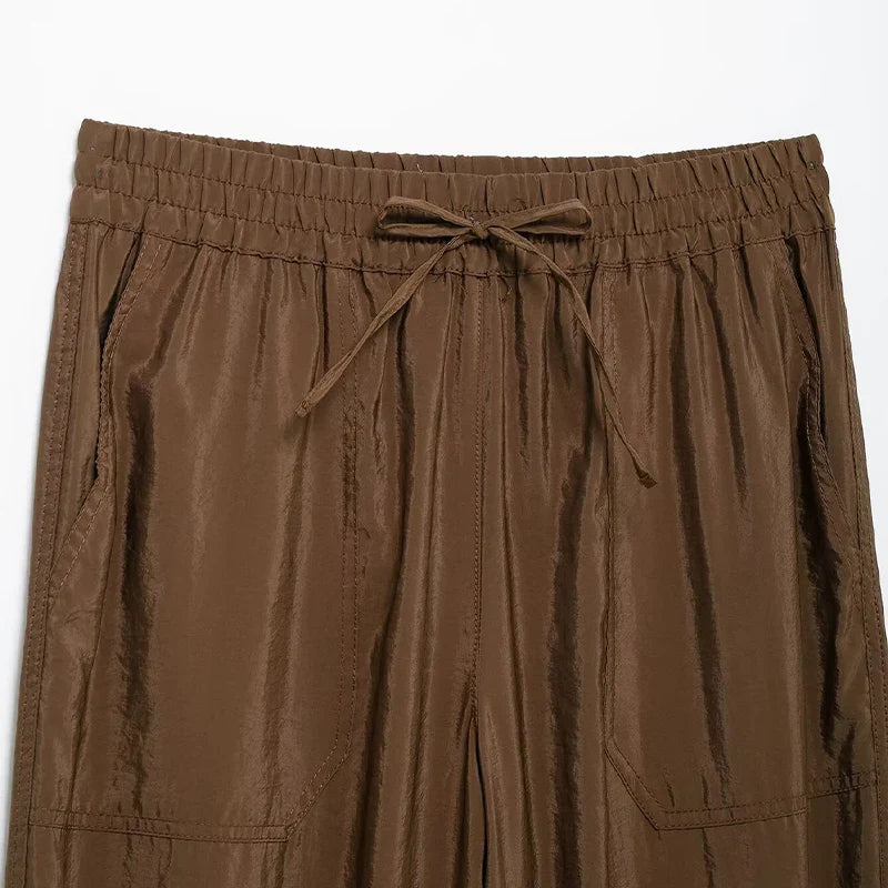 Chic Women's Brown Two Piece Set with Single Breasted Shirt and Vintage Elastic Waist Trousers