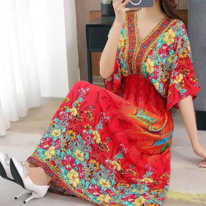 Bohemian Floral Midi Dress With V Neck Elastic Waist