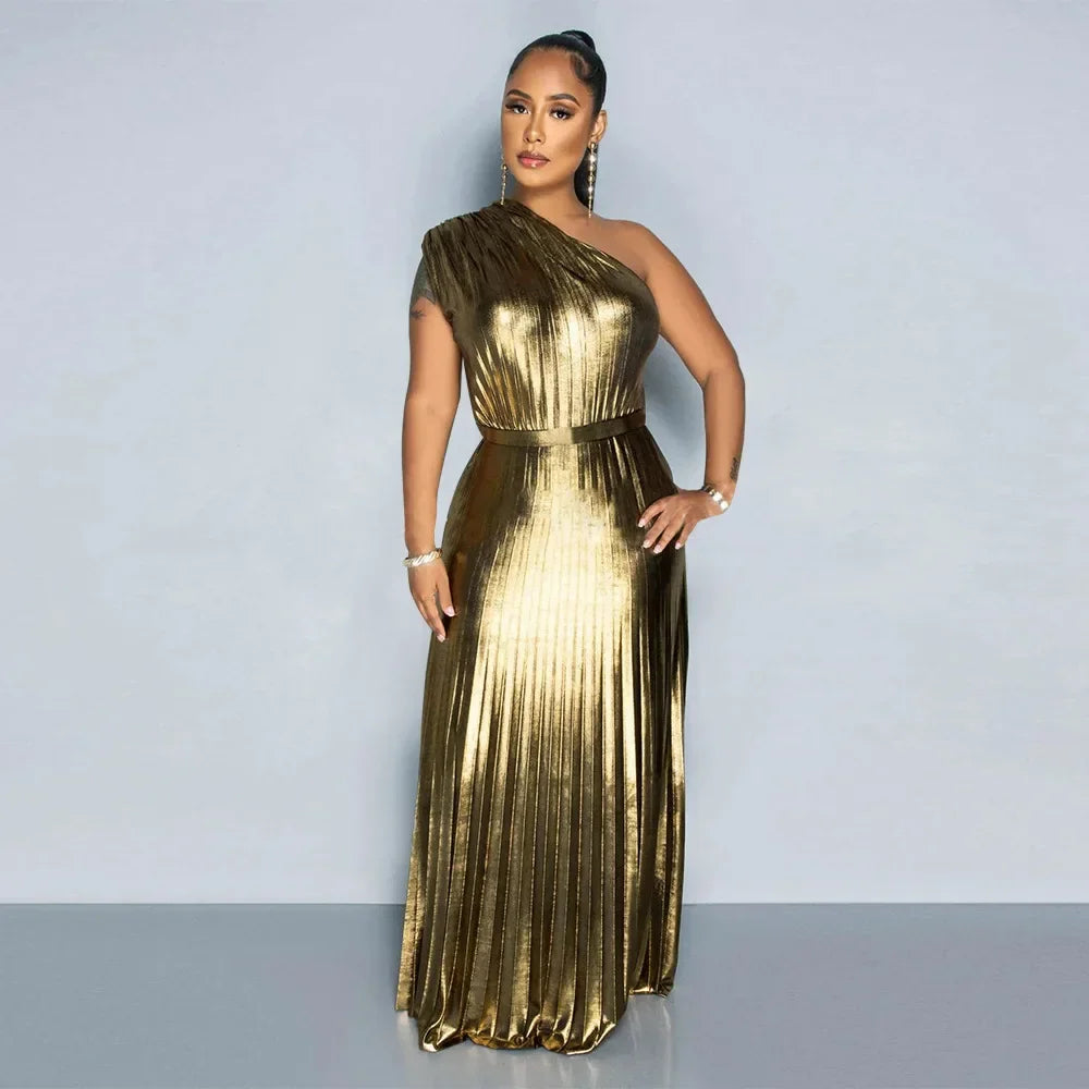 One Shoulder Metallic Pleated Maxi Dress Evening Gown