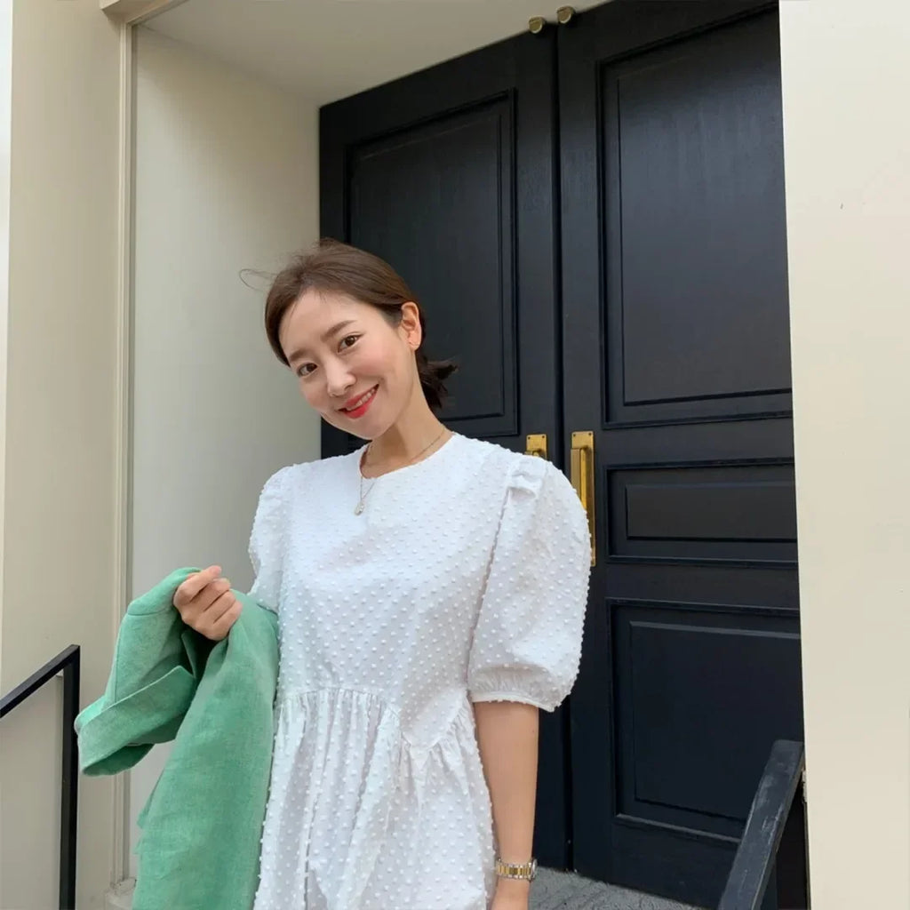 Women Polka Dot Puff Sleeve Long Dress Casual Party