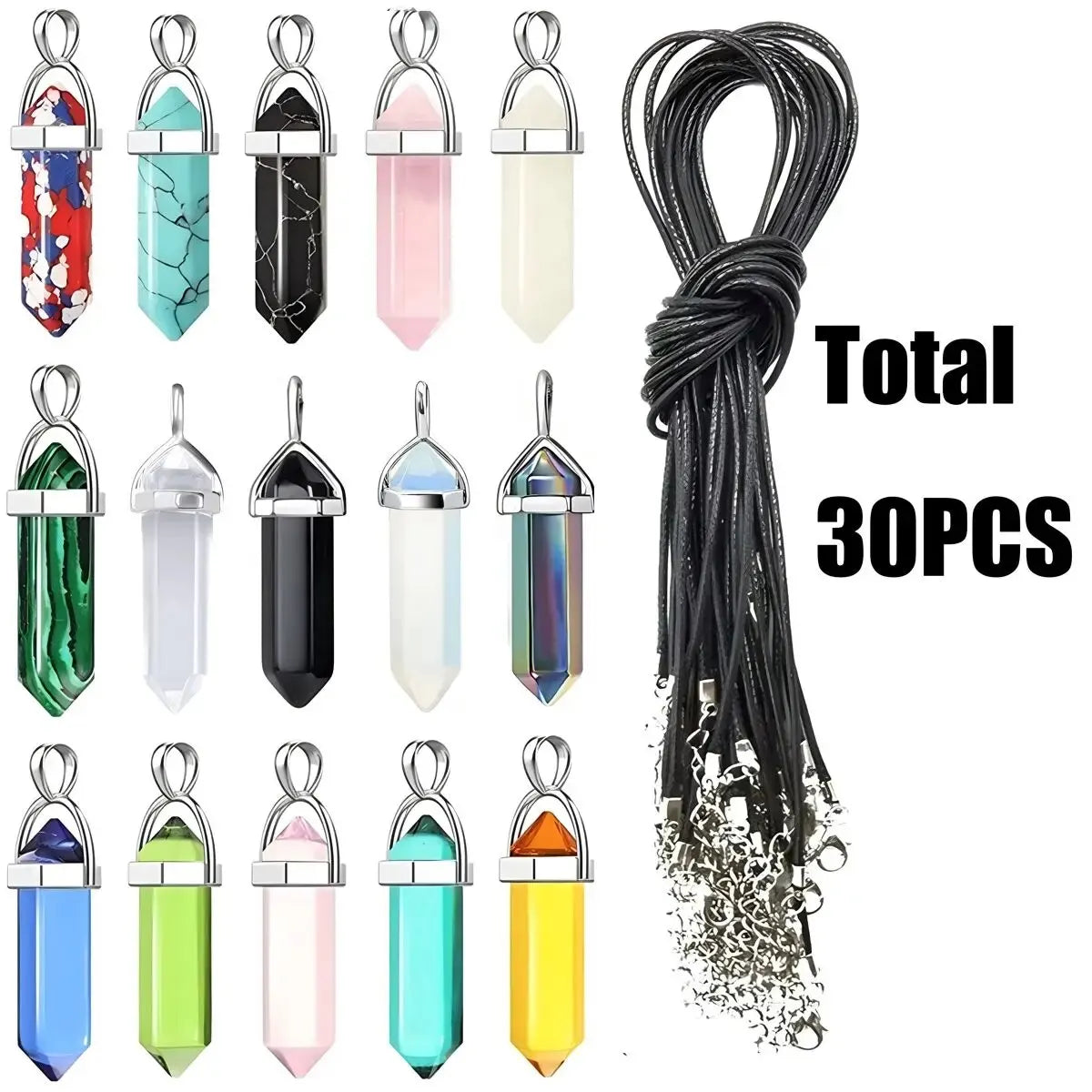 40PCS Hexagonal Chakra Crystal Pendant Necklace Set with Pointed Quartz Stones and Leather Chain Storage Bag