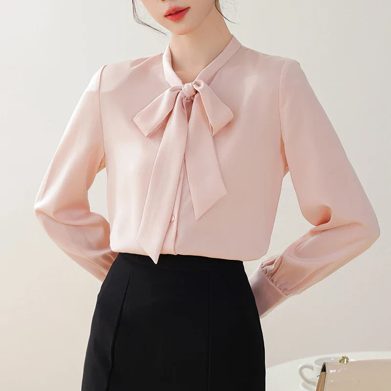 Elegant Women's Long Sleeve Blouse with Bow Collar Casual Loose Fit White Office Shirt Top