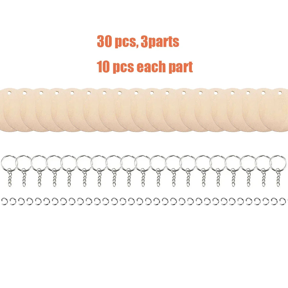 30 Piece Wooden Keychain Blanks Set with Rectangle and Round Ornaments for DIY Crafts