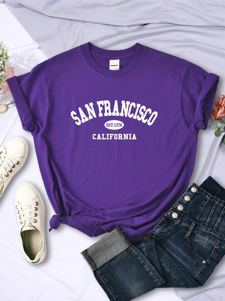 San Francisco California Letter Print Casual Women T-Shirt Short Sleeve Soft Breathable Tee