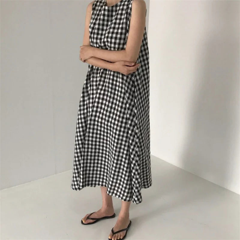 Vintage Plaid Tank Dress for Women High Waist O Neck
