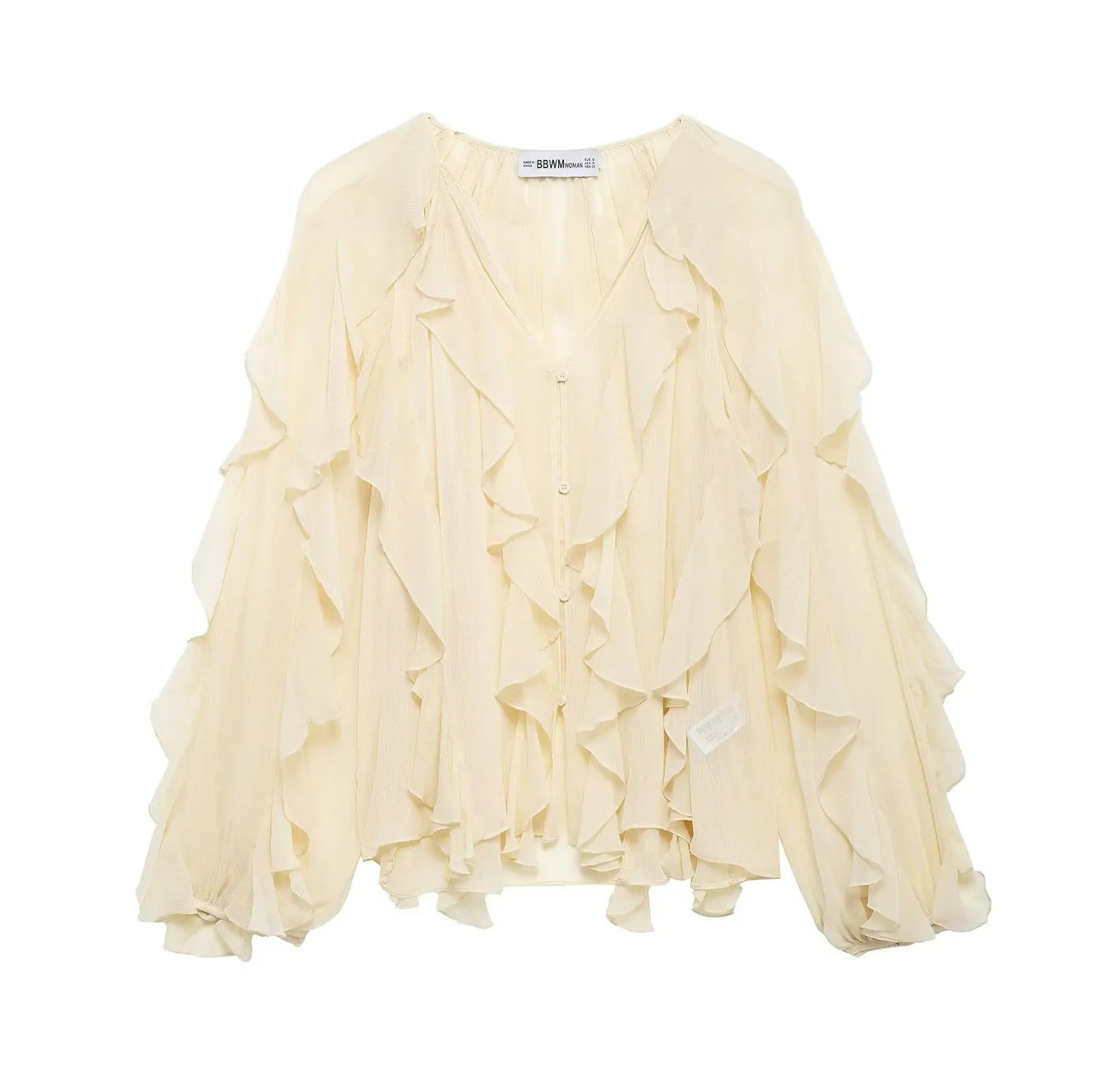 Women's Vintage V-Neck Ruffled Blouse Long Sleeve Solid Color Chic Fashion Top for Ladies