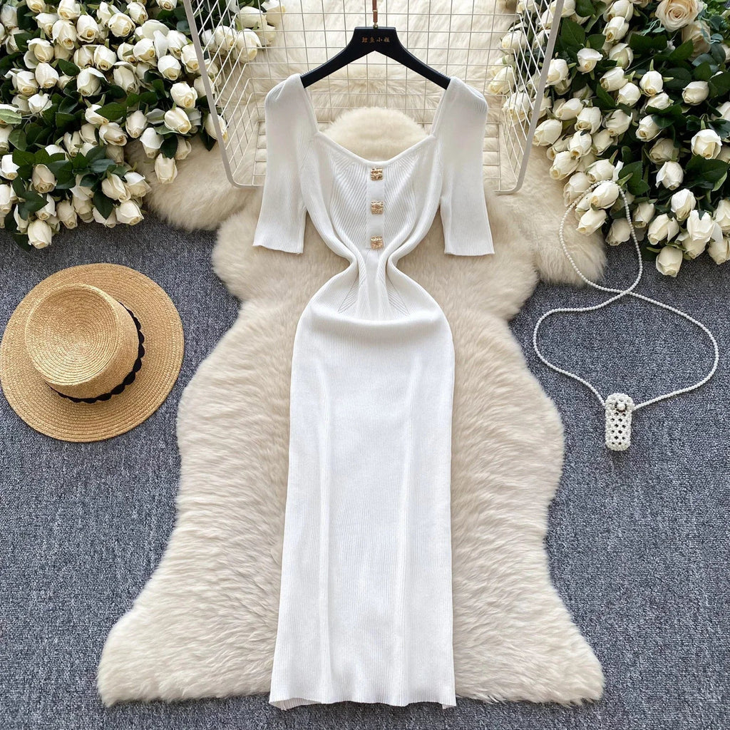 Women Square Collar Knit Dress Short Sleeve Wrap Sheath